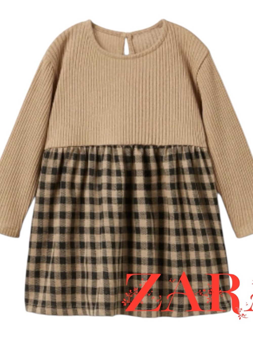 Zara Beige Rib Knit Top with Tan & Black Plaid Skirt size 3-4 years